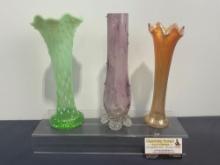 Set of Three 12 inch Vases, Fenton Marigold, Northwood Opalescent & Czech Art Glass Vase