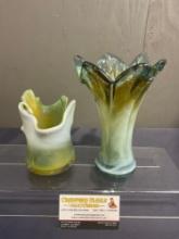 Pair of Blown Art Glass Vases, Slag White/Yellow w/ hints of green, larger is 8 inches
