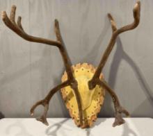 Vintage Caribou Reindeer Antler Mount on Wood Plaque w/ Velvet. Fair Condition. See pics.