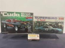 2 1/25 Scale Car Model Kits, Jo-Han Superbird by Plymouth Stock/Race & Monogram Cuda Street Machine