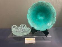 Pair of Art Glass Bowls, Gorgeous Blue On White w/ streaks of Metallic Gold & Clear w/ gold & White