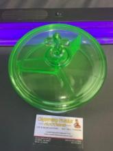 Vintage Fostoria 3 Part Divided Vaseline Glass Candy Dish w/ Lid, Fleur-de-lis Finial, 6h x 8d inch