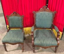 2 pcs Vintage Eastlake Style Wooden Chairs w/ Green Upholstery & Lovely Details. See pics.