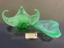 Pair of Art Glass Bowls, Pale Green, & Unique Pulled Glass Murano Style Bowl, Deep Clear Green