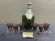 Glass Decanter w/ Pewter Overlay & Stopper, 5 Sterling Silver Overlaid Shot Glasses