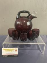 1930s Cambridge Amethyst Optic Tilt Decanter Set w/ 5 Shot Glasses