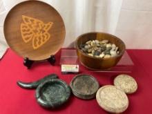 Unique Plate, 4 Marble Stands from Pakistan, Bowl w/ Tumbled Stones