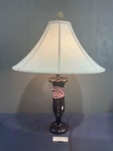 Vintage Lamp w/ Pottery Base, multicolor w/ Pink Flower, 29 inches tall, tested & working