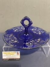 Vintage 1930-40s Handled Server, Cobalt Blue Glass w/ Sterling Silver Overlay, 5.5h x 11d inches