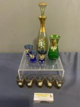 Czech/Bohemian Handpainted Glass Cordial Decanters & Shot Glasses, 10 pieces