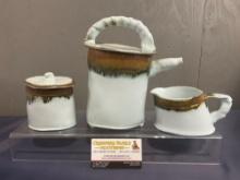 Signed Handmade Pottery Teapot, Sugar & Creamer Set, Folk style, White Glaze on Dark Brown