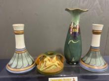 Roseville 1162 Candleholder, Lily pattern, 2 Signed Studio Pottery Candleholders & Porcelain Vase