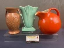 3 Pieces of Redwing Pottery, Orange Pitcher 547, Toothpaste Blue Vase 886 & Brown Handled Vase 861