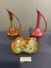 Three pieces of Dryden Pottery, Pair of 12 inch Pitcher/Ewers & Two Chamber Bowl, Vibrant Colors