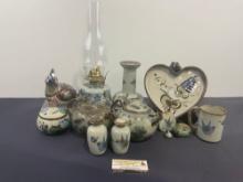 Tonala Mexican Stoneware Pottery, Blue Bird Pattern S&P Shakers, Teapots, Hurricane Lamp, & more