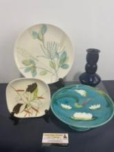 Pair of Red Wing Plates, Antique Majolica German Footed Bowl & Dryden Cobalt Vase