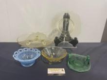 5 Depression Glass Pieces, 3 Yellow, Plate, footed cake plate & Bowl, 1 Pale Blue Bowl, 1 Green D...
