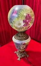Vintage Green Hurricane Lamp w/ Painted Flowers. Very Good Condition. Tested, Works. See pics.