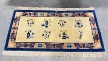Vintage Blue & Yellow Wool? Pile Rug w/ Asian Motif. 62" x 36" Very Good Condition. See pics.