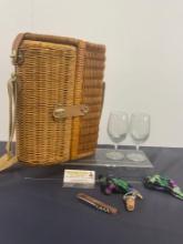 Picnic Basket w/ Wine & Wine Glass Holder, Rattan Woven, Brass Hardware, approx 10h x 14w x 6d inch