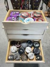 Contents of two drawers of reels and fishing line incl. Martin, Abu, Plfueger etc see pics