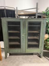 Antique Americana rustic pie safe kitchen cabinet painted green in fair to good cond