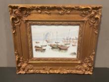 Ornately Framed Oil on Canvas Signed P Wong, Chinese Junk Fishing Ships, 24h x 28w x 3d inches