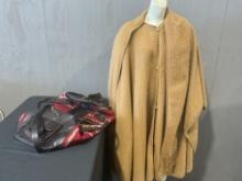 Alpaca Diana Peruvian Poncho & Wool + Leather Duffle Bag, Black/Red/White pattern