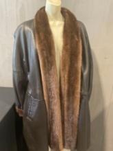 Synergy Brand Mink Fur Edged Leather Coat, Dark Brown, 39 x 17, Size M