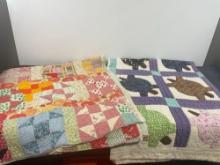 Pair of Handmade Quilted Blankets, Multicolor & Turtle Shaped panels, larger is 64 x 80 inches