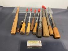 Collection of 8 Antique Woodworking Chisels & Gouges, 2 extra wooden handles