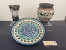 Unikat Polish Pottery Plate, Bohemia Crystal Vase & Handmade & Painted Terracotta Vase