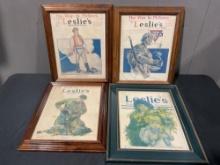 Four Framed Antique Leslies Magazines, WWI Era, 1918 & 1920