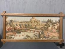 Framed Large Tapestry, Medieval Village River Scene, 33h x 64.5w inches, wooden frame