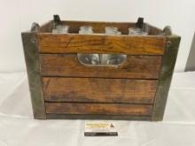 Lacquered Wood & Steel Milk Bottle Crate w/ 12 Glass Milk Bottles, 10h x 16.5w x 12.5d inches