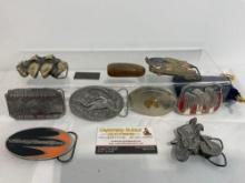Cast Metal, Pewter & Brass, 8 Belt Buckles, Harley Davidson, Firefighters, Cowboy & America Themed