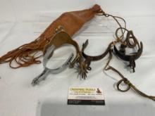 Three Vintage Boot Spurs & Beaded Leather Shot Bag, Native American Style