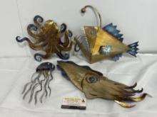 4 Sheet Metal Ocean Animals, Octopus, Anglerfish, Jellyfish & Cuttlefish, colorfully anodized
