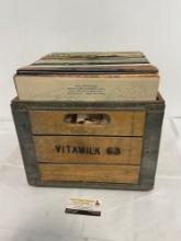 Vinyl Record Collection in Vintage Wood & Steel Milk Crate, two signed by artist, approx 50-75 pcs
