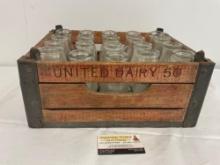 Vintage Lacquered Steel & Wood United Dairy 50 Milk Crate, 12 Milk Bottles, 1/2 Pint size
