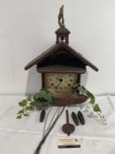 Vintage 1969 New England Clock Co American Cuckoo Clock, Pinecone weights, Schoolhouse design