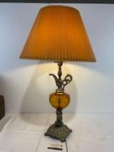 Vintage Brass Cherub & Amber Glass Table Lamp, 32 inches tall, shade is 18 inches in diameter