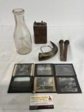 6 Antique Photos Glass, Milk Bottle, Powder Horn, Train Stakes & Antique Ford Model T Ignition Coil