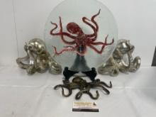 Octopus Collectibles, Lovely Fused Glass Plate, Metal piece & Pair of Bookends