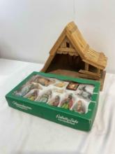 2 pcs Vintage Nativity Christmas Ornament Set. Painted Resin Figures & Wood Barn. See pics.