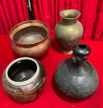 4 pcs Vintage Decor Assortment. Peruvian? Pot, Copper Pot, Brass Vase & More! See pics.