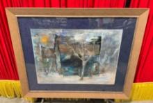 Framed Original Painting of a Blue House. Measures 42" x 34" Excellent Condition. See pics.