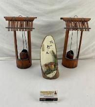 3 pcs Vintage Japanese Wooden Art Assortment. 2 Bamboo Well Statuettes, 1 Thermometer. See pics.
