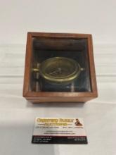 Brass Ships Compass in Wooden Case, made in India, 4h x 5w x 5w inches