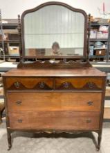 Antique Handsome Walnut Wooden 4-Drawer Dresser w/ Mirror & Carved Details. See pics.